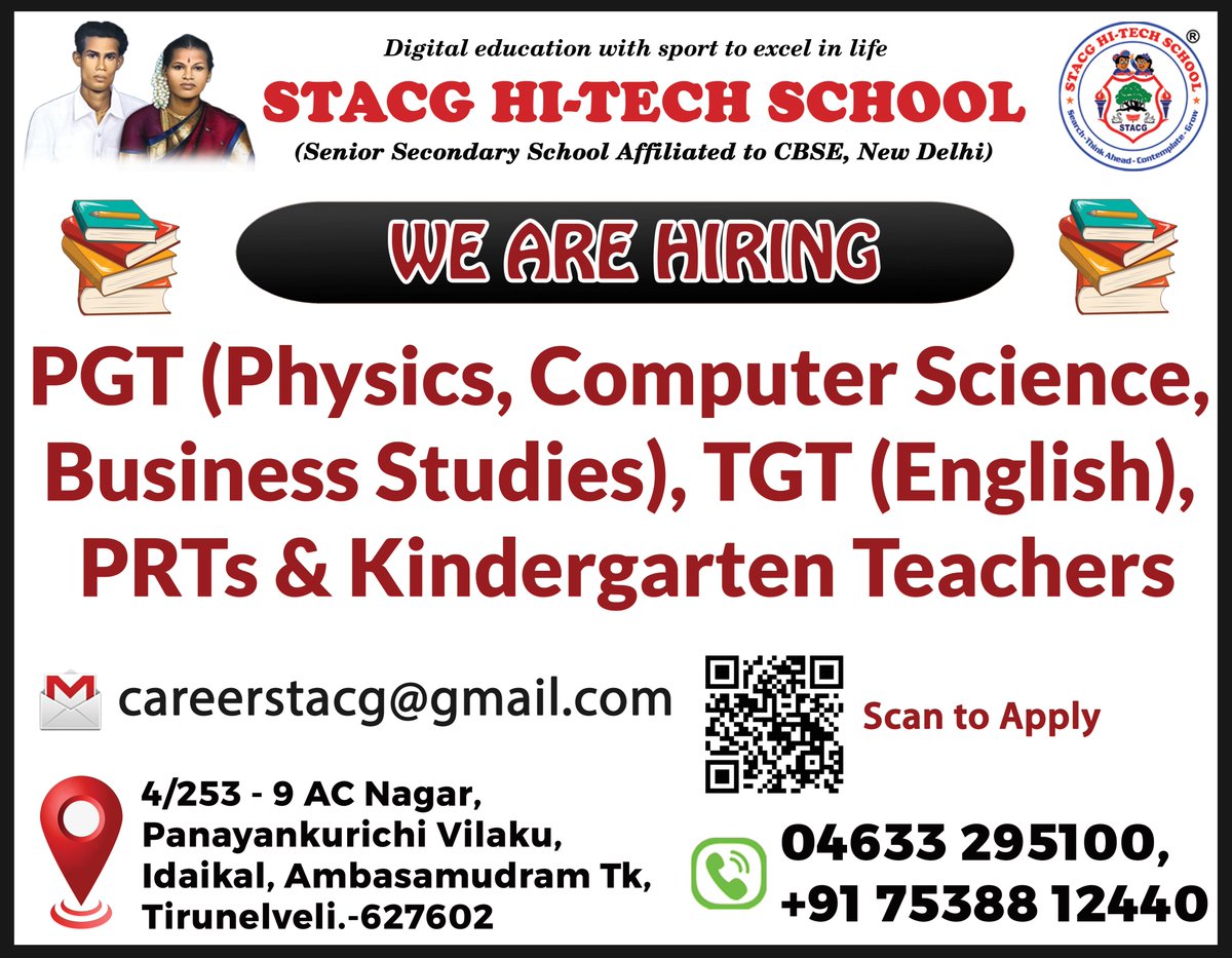 We are Hiring 
PGT - Physics, Computer Science, Business Studies ,
TGT - English
PRTs & Kindergarten Teachers
Boarding available & Immediate appointment for Deserving candidates
 sent your updated resume to careerstacg@gmail.com

#teacherswanted #wearehiring