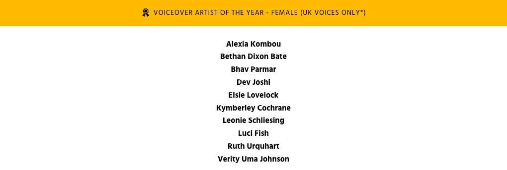 Delighted to report that I've made the shortlist in three categories at this year's One Voice Awards; Audiobooks, TV Commercials and Female Voice Over of the Year. Very happy with that! #Voiceover #onevoiceawards #voiceacting @DamnGoodVoices