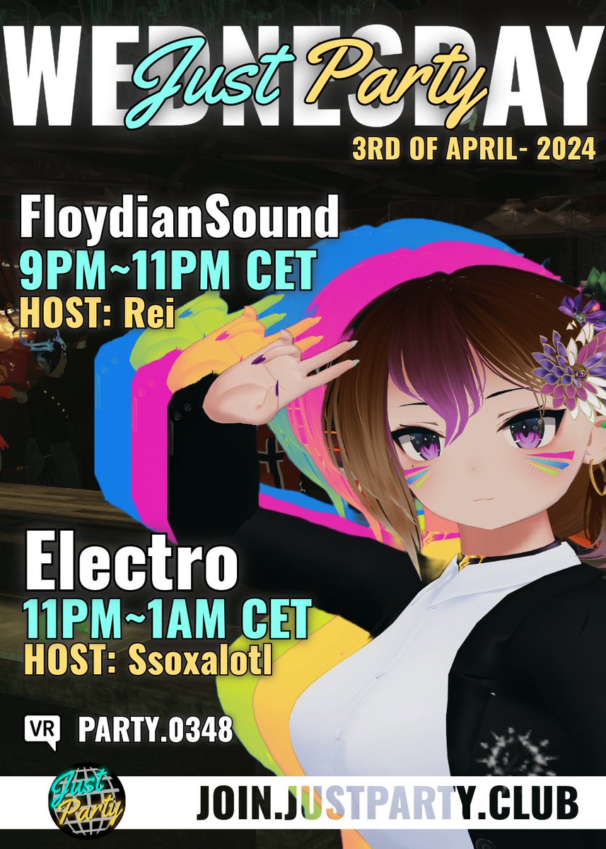 Just Party Wednesday! 21:00 - 01:00 CET DJ's - @SoundFloydian @ElectroVRC Discord - discord.gg/fTKAstQmVRchat Group - vrc.group/PARTY.0348