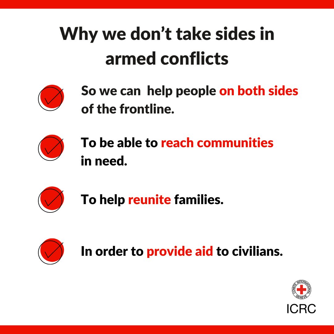 We are often asked why we don’t take sides in armed conflicts. Here are 4 reasons why 👇