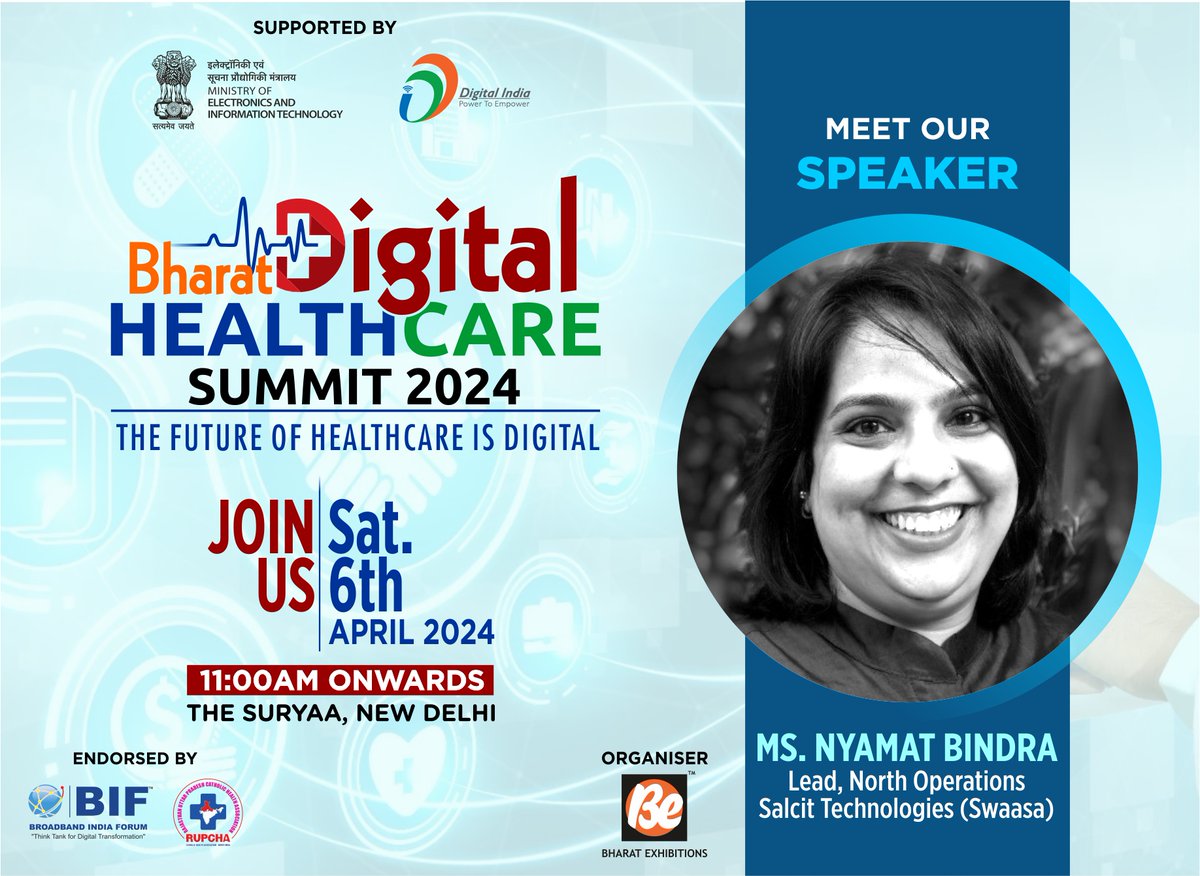 The countdown begins....

| #BharatDigitalHealthCareSummit2024 |

#SPEAKER
Ms. Nyamat Bindra, Lead, North Operations, Swaasa® - By Salcit Technologies

📅 April 6, 2024 |
🏩 The Suryaa, New Delhi |
📞 9958233434 for registrations and other queries. 

#BDHS2024 |