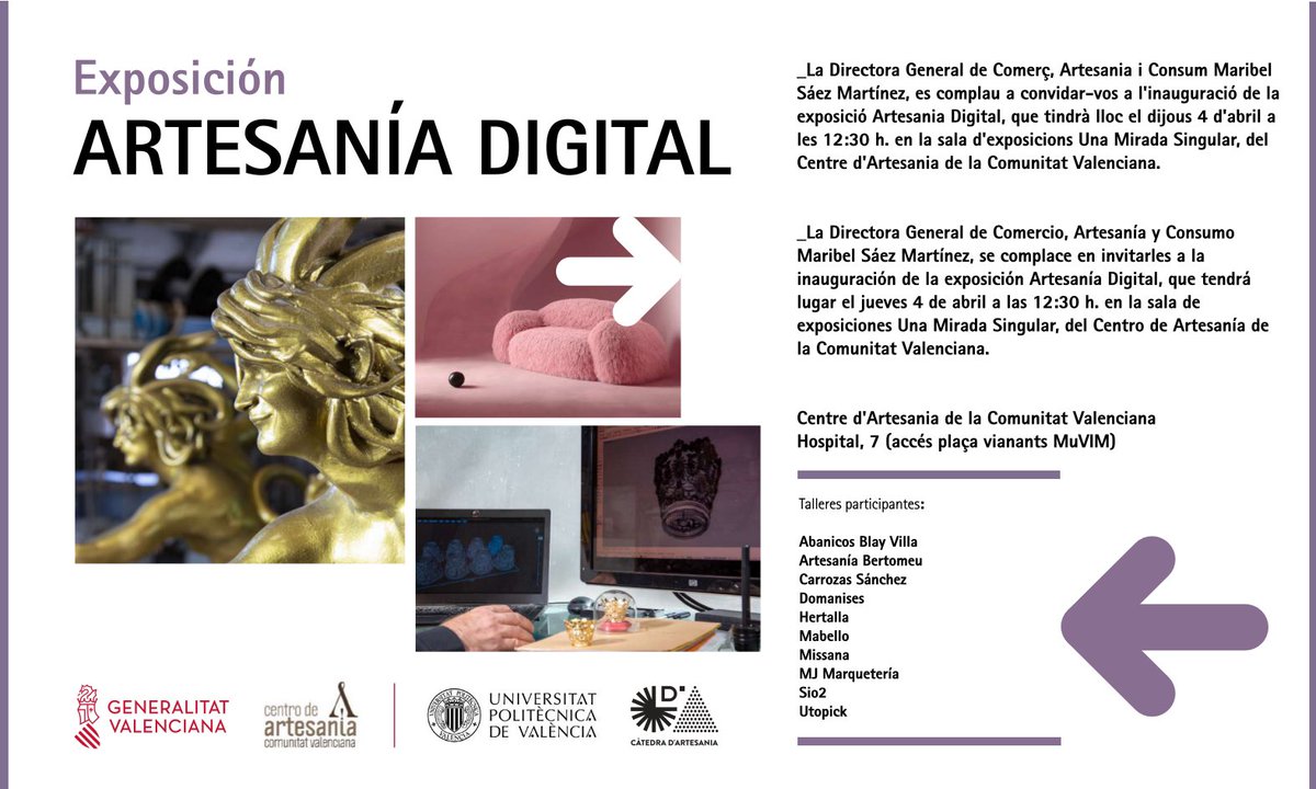 Próximo jueves 4 de abril a las 12.30h, inauguración de la exposición ‘Artesanía Digital’ en el @GVAartesania #DEA2024 @maribelsaezm @GVAinicotur @artesania_upv @UPV bit.ly/43GkSlk