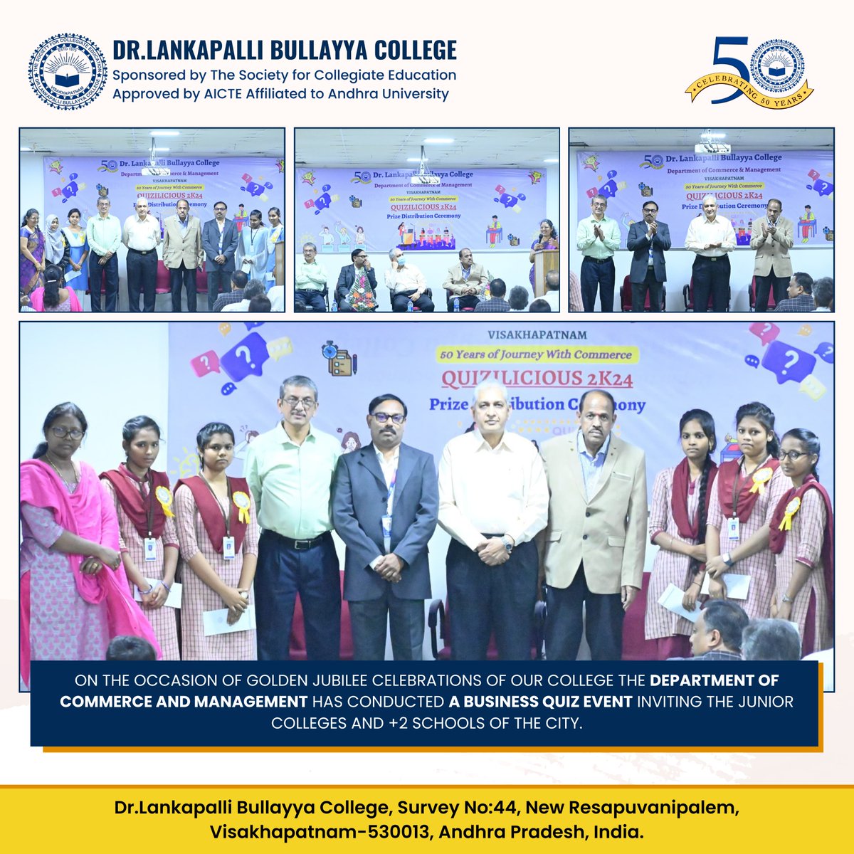 *Quizilicious 2k24:*
On the occasion of the Golden Jubilee celebrations of our college, the Department of Commerce and Management conducted a Business Quiz Event inviting Junior Colleges and +2 schools in the city.

#DrLBCollege #Quiz #Commerce #GoldenJubilee
#Quizilicious