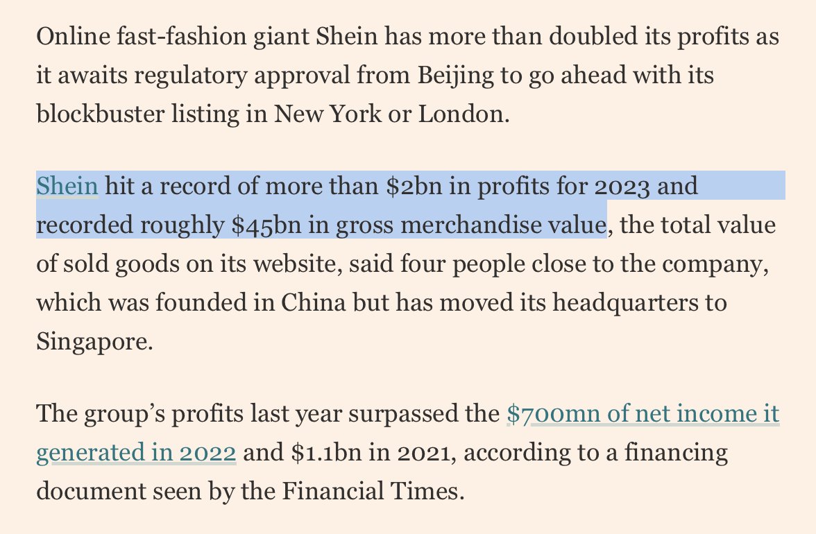 'Shein hit a record of more than $2bn in profits for 2023 and recorded roughly $45bn in GMV.'