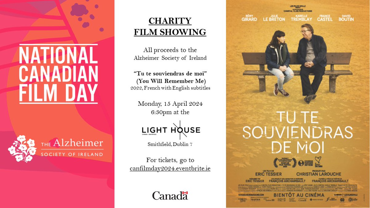 Love the cinema? Be our guest at a special screening of the #Canadian movie 'Tu te souviendras de moi' which we are co-hosting with @alzheimersocirl on 15 April @LightHouseD7. Simply like and retweet for your chance to win two tickets! #CanadianFilmDay canfilmday2024.eventbrite.ie