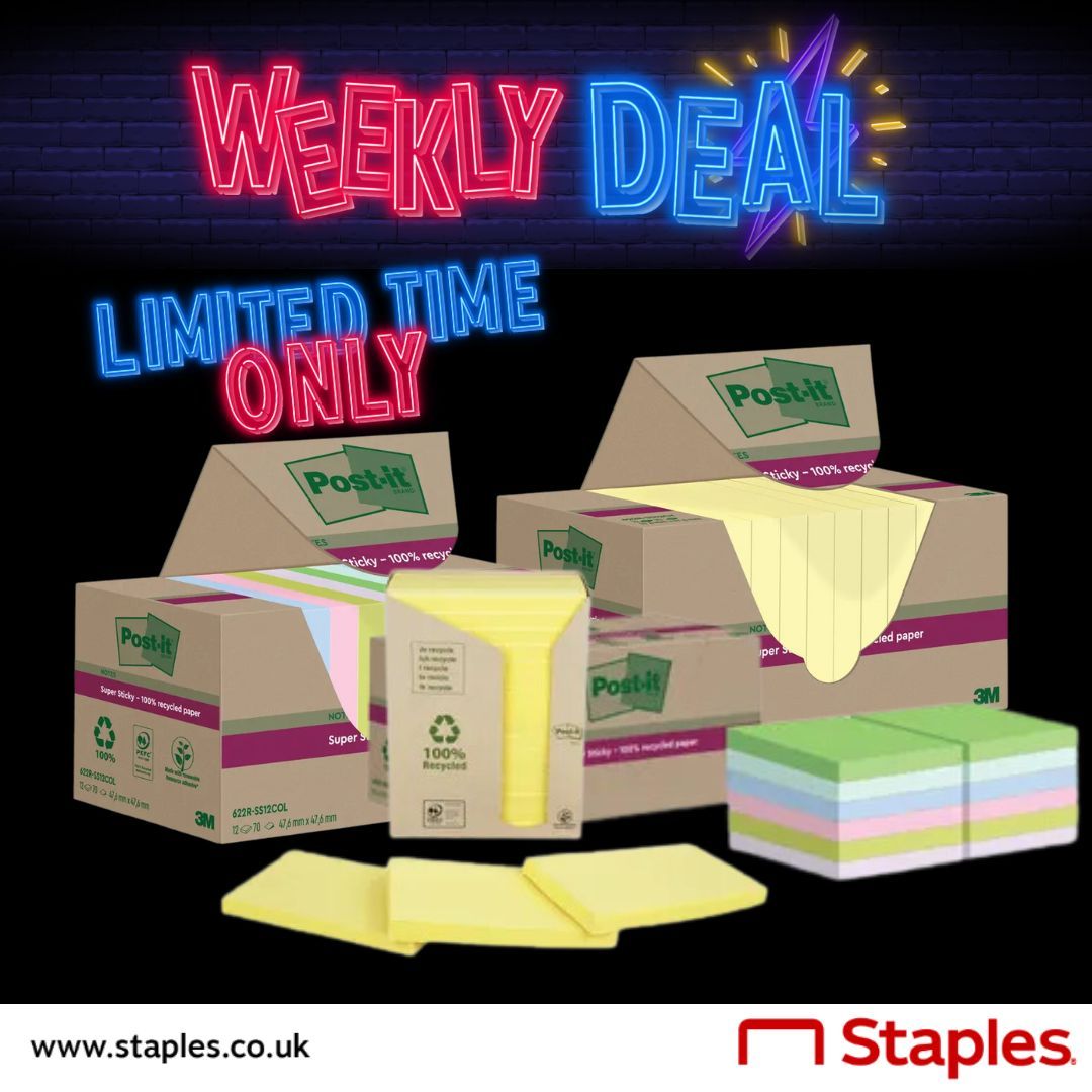 Stick with us for great deals on Post-it Notes! 🤩 From organising tasks to leaving reminders – they’re a daily essential ✅ Stock up today! 👉🏼 buff.ly/481T63q - #StaplesUK #WeeklyDeals #PostIt #PostitNotes #3MPostit #3M
