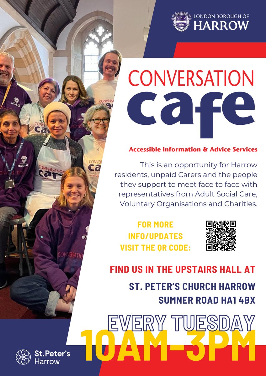 Conversation Cafe is open today and every Tuesday 10am-3pm St Peter's Church A great way to meet new people, unpaid carers & access information and advice from Adult Social Care, Voluntary organisations & more. Planning officers will also be discussing Harrow's Draft Local Plan
