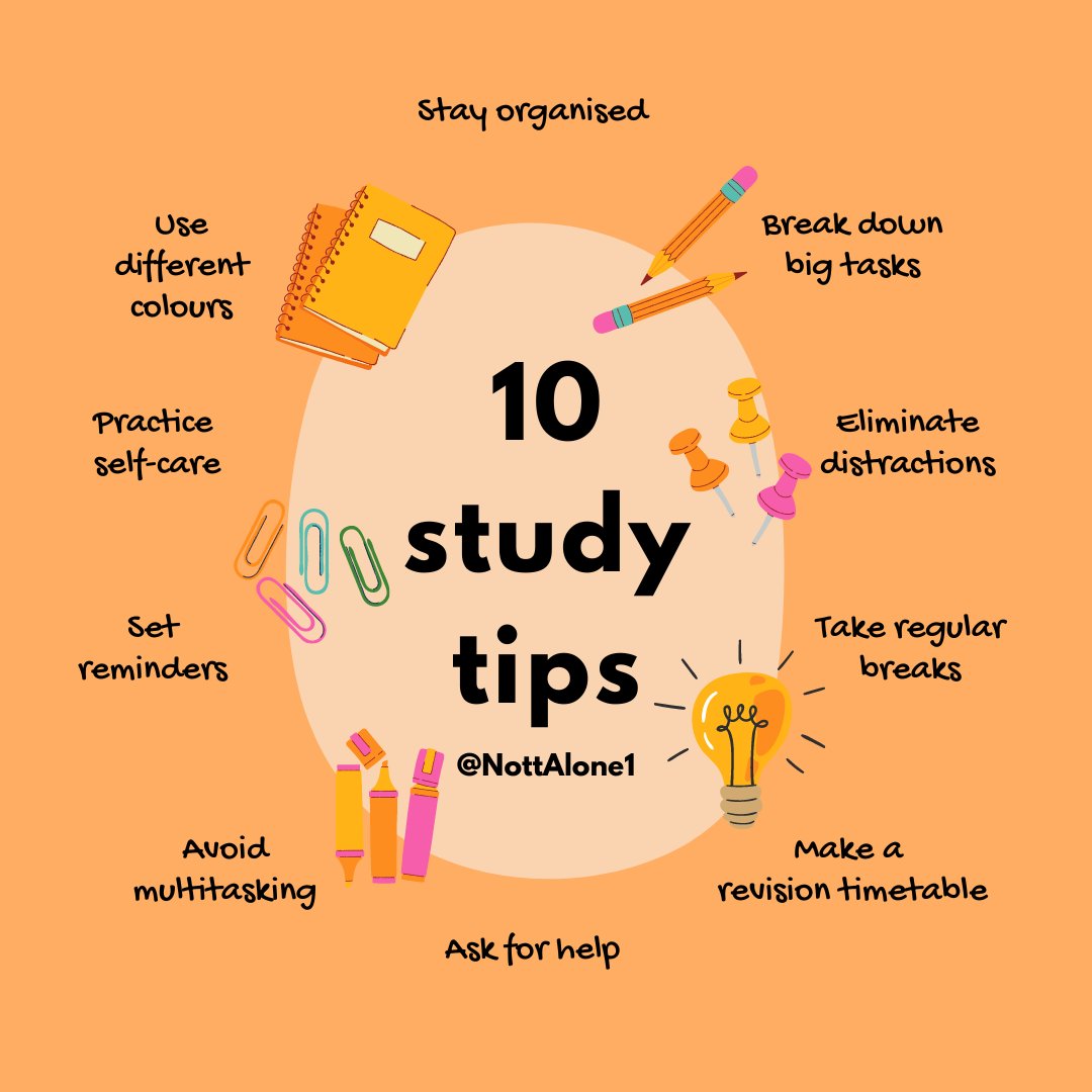 ✏️With the exam season approaching we have put together 10 helpful study tips 💌These tips could help a child or young person who may be finding this period stressful, and remember there is more support available on the #NottAlone website 🧡 #StressAwarenessMonth #ExamStress