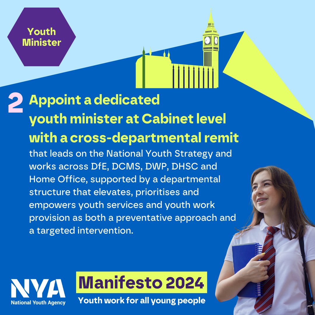 In our manifesto, we are calling on national government to prioritise young people on the policy agenda and work across government departments to achieve this. Learn more and read the full manifesto at: nya.org.uk/manifesto2024