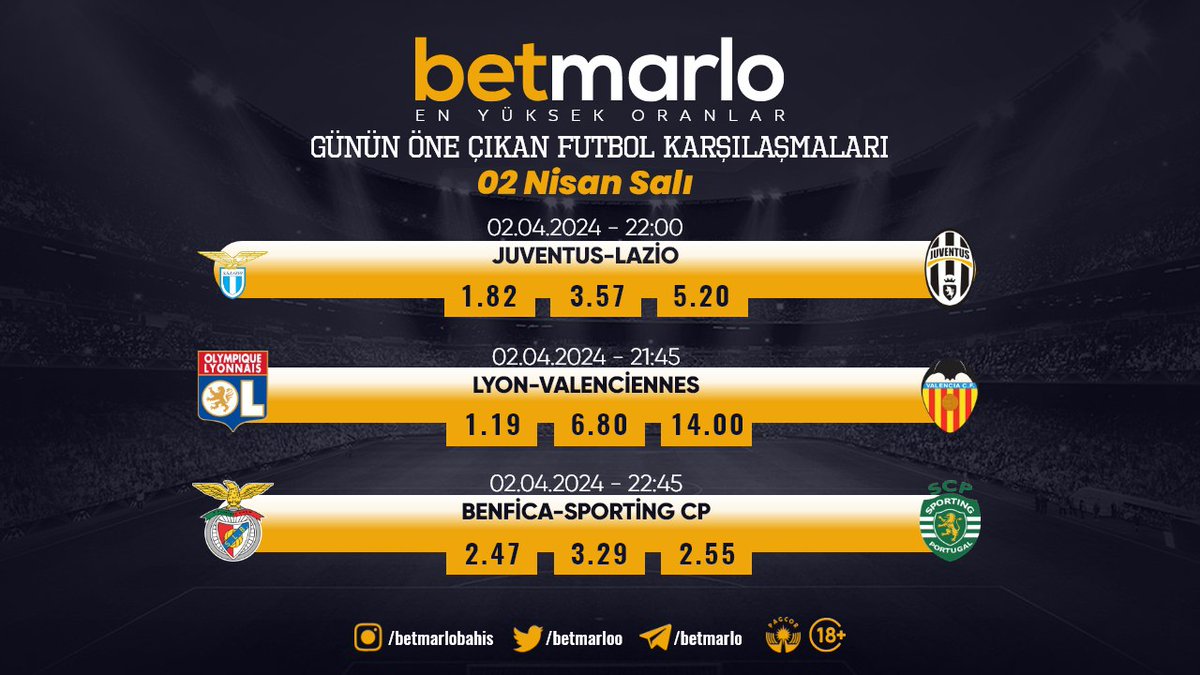 🏆 Günün öne çıkan futbol karşılaşmaları en yüksek oranlarla 𝗕𝗲𝘁𝗺𝗮𝗿𝗹𝗼'da kazanmak isteyenleri bekliyor! Betmarlo Giriş 👉🏻 redmarlo.com/betmarlo