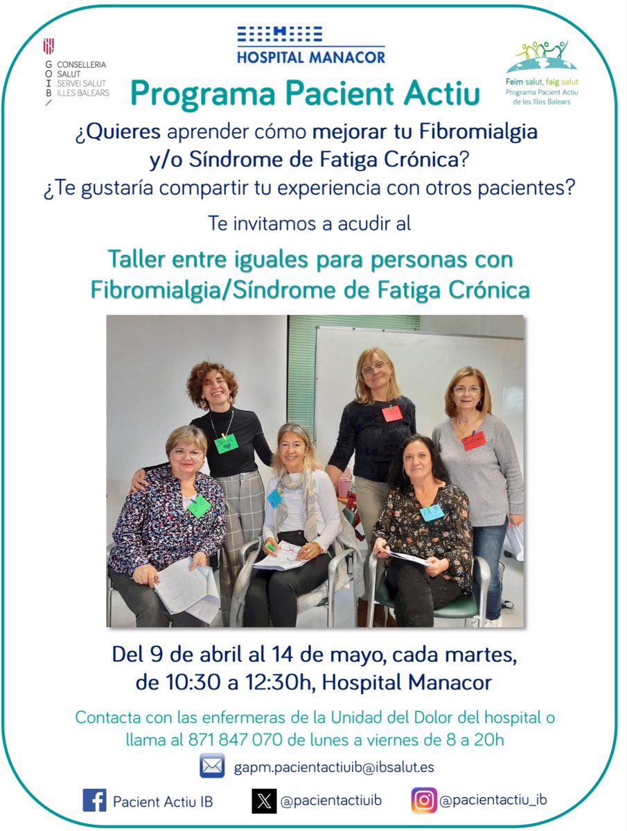 Més calendaritització de Tallers entre iguals! Taller per a persones amb fibromiàlgia i síndrome de fatiga crònica a @hospital_manacor 📍Lloc: hospital de Manacor (carretera Manacor Alcudia s/n, 07500, Manacor 🗓️ Del 9 d’abril al 14 de maig 🕕 Els dimarts, de 10:30 a 12:30h.