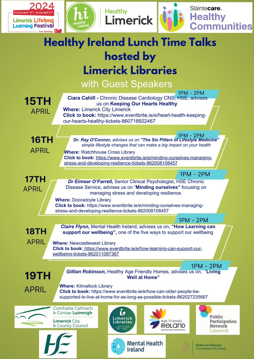 You are invited to a series of exciting lunchtime talks organised by Healthy Ireland Local Government & partners & hosted by Limerick Libraries as part of @LimkLearnFest April 15th - April 21st 2024. 

#LLLFestival2024
#LearnGrowExplorein2024