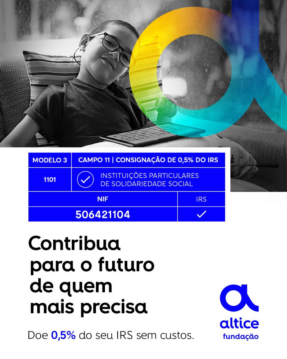 Sem qualquer custo para si, contribua com 0,5% do IRS e junte-se a nós nesta missão de aproximar o futuro de quem mais precisa. #FundaçãoAltice #AlticePortugal #OFuturoPelaFrente #IRS