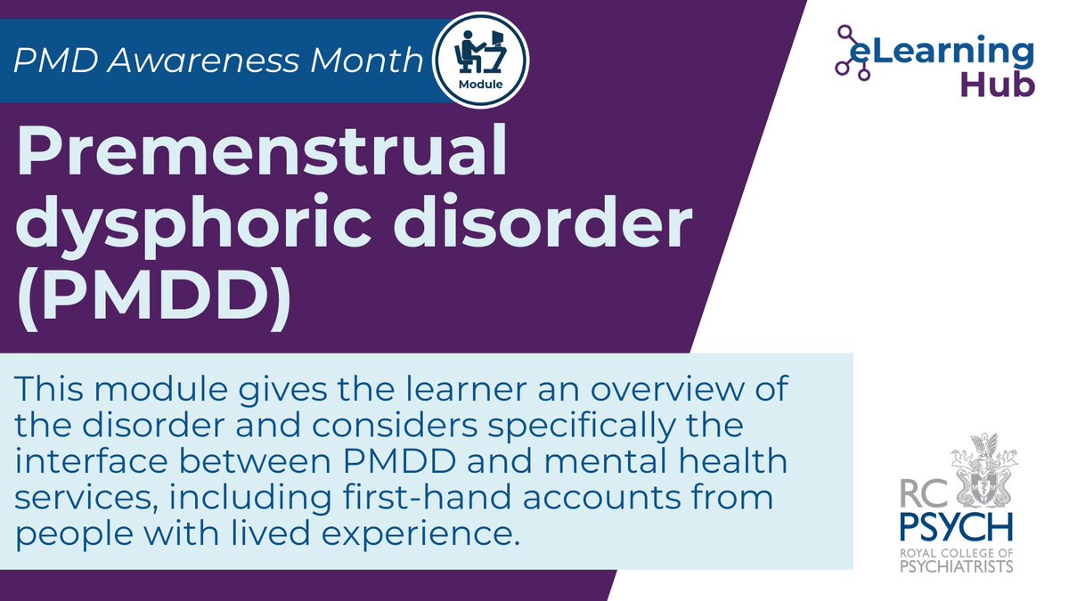 April is Premenstrual Disorder (PMD) Awareness Month. 

In honour of this, we are allowing free access to our CPD module on premenstrual dysphoric disorder for the entire month. 

Available on the @rcpsych eLearning Hub: 🔗bit.ly/3ubmS7B

#PMDAwarenessMonth2024 #PMDD