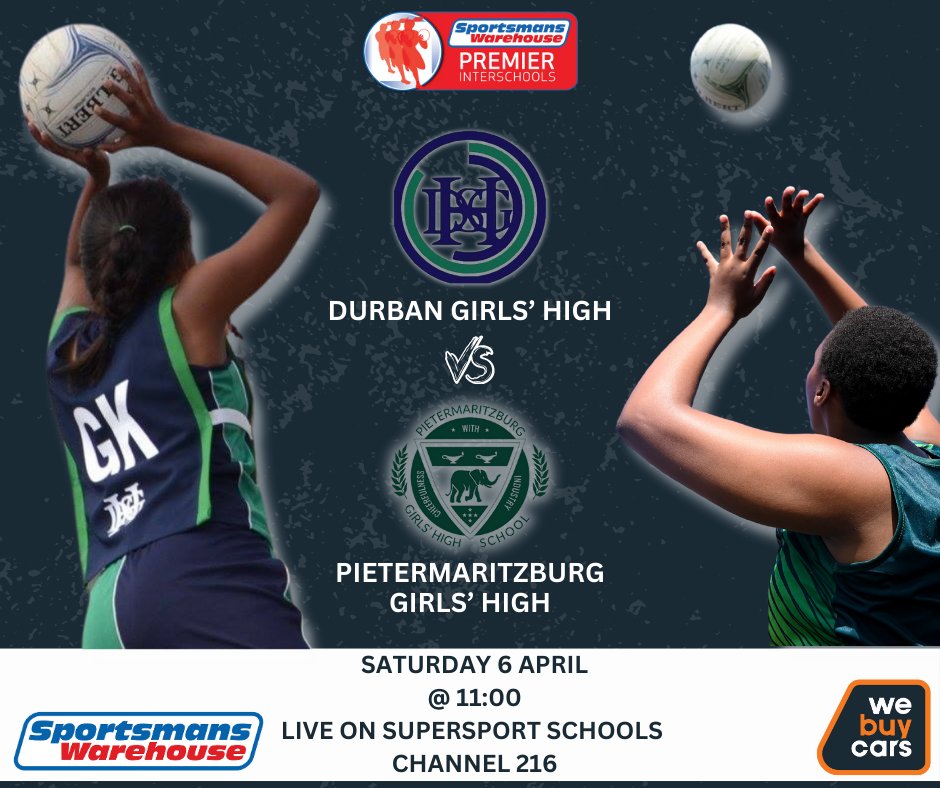 🎉 We're thrilled to announce the kickoff of our Netball season with an electrifying match between Durban Girls' High and Pietermaritzburg Girls' High! 🎉 📅 Date: Saturday 6 April 🕒 Time: 11am 📺 LIVE on @ss_schools channel 216 @SportsmansW @WeBuyCars_SA #Premierinterschools