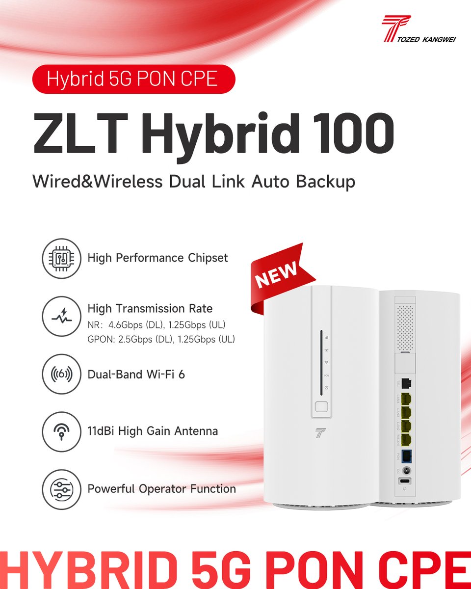 🔥Introducing TozedKangwei's groundbreaking product, ZLT Hybrid 100, which integrates CPE and GPON technologies, and supports dual link auto backup, revolutionizing connectivity like never before! 

#TozedKangwei #ConnecttoBetterFuture #5G #CPE #PON