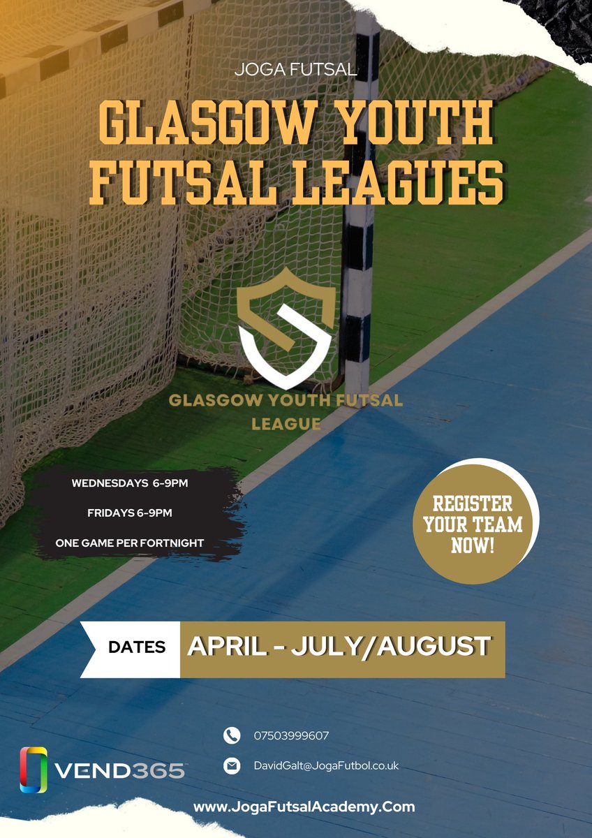 Glasgow Youth Futsal Leagues 🏆 ▪️ 2015 & 2014 on a Wednesday Evening 6-9pm - One game every two weeks ▪️ 2013-2011 on a Friday evening 6-9pm - One game every three weeks Guranteed Games throughout Spring & Summer, 1 x 40 minute game each match day.