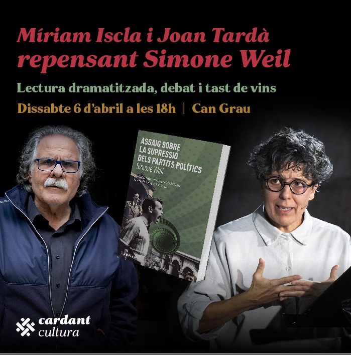 TEATRE, DEBAT I TAST DE VINS Aquest dissabte us esperem a Can Grau amb Míriam Iscla, Joan Tardà, Paula Veciana i Jordi Mir. Tot sobre Simone Weil🟣 Entrades: entradium.com/events/miriam-…