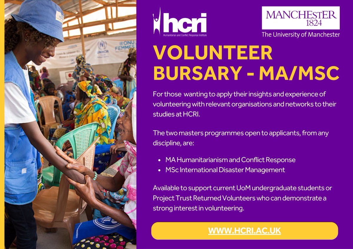 Volunteer Bursary! ⭐️ We’re offering a full-fee bursary to @OfficialUoM UG students (of any subject!) or @ProjectTrustUK returned volunteers with a strong interest in volunteering and keen to study a Masters with us this Autumn. 🔗tinyurl.com/yjbmysbd
