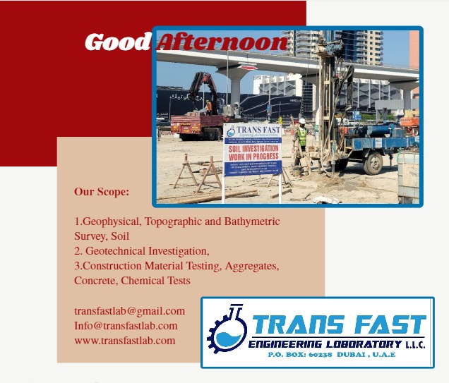 TransfastDubai's tweet photo. Our Scope:
Geophysical, Topographic and Bathymetric Survey, Soil and Geotechnical Investigation, Construction Material Testing, Aggregates, Concrete, Chemical Tests
transfastlab@gmail.com 
Info@transfastlab.com
labbdo2@gmail.com
https://t.co/QPJ98nVFqO
#TRANSFAST #testing #lab https://t.co/cZlrfeDNi0