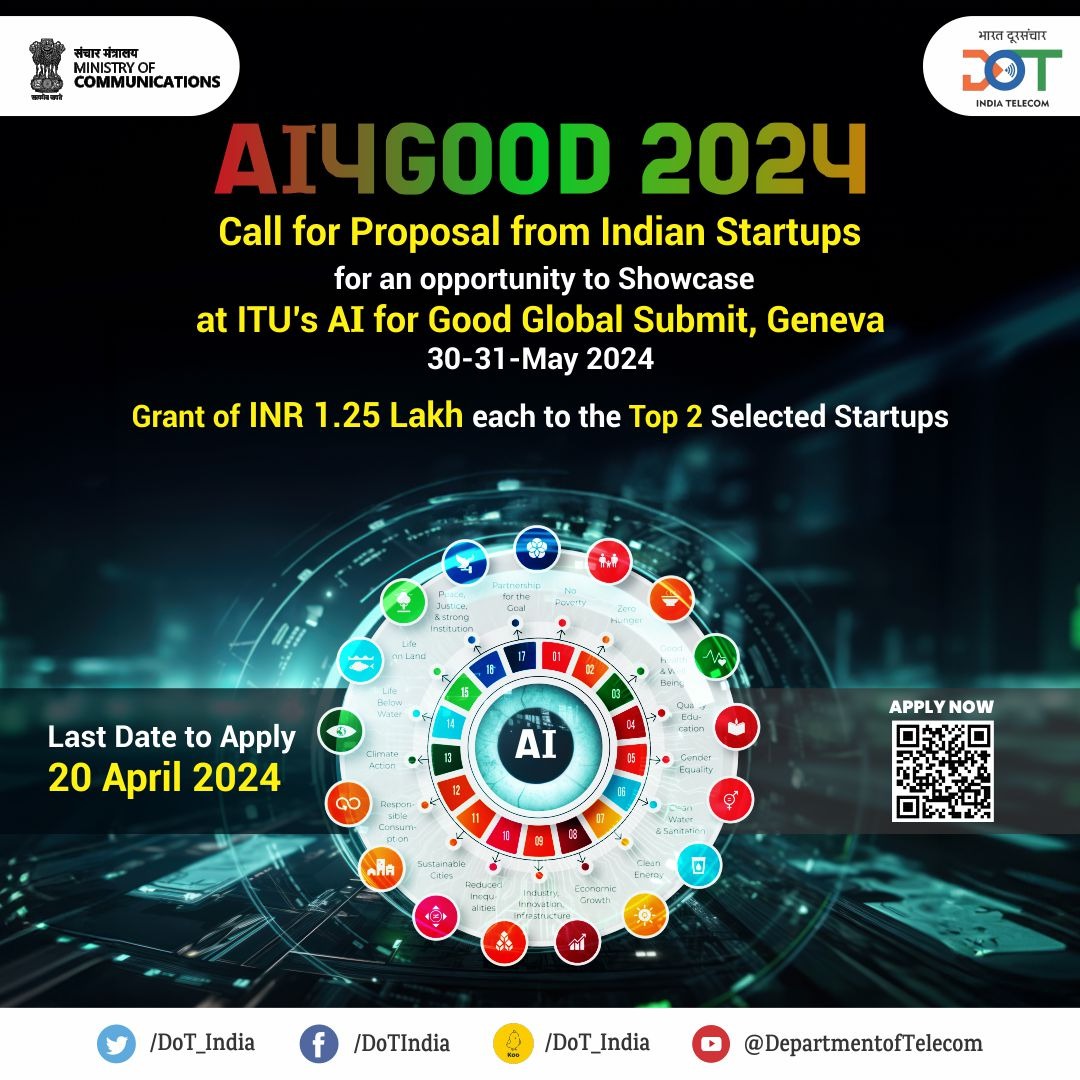 'AI4Good 2024' challenge is calling upon Indian #startups to create #innovative AI applications that can accelerate progress towards achieving the #SDGs goals. Hurry up and apply at👇 cdot.in/cdotweb/web/co… #AI4GOOD #AIForGoodGlobalSummit #ITUWTSA #WTSADelhi24 #ITUGSS