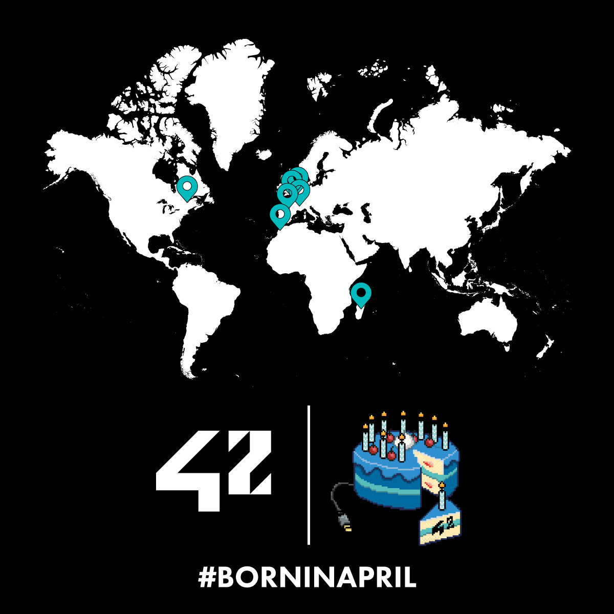 42Network's tweet photo. 📅 In April, we celebrate no less than 7️⃣ different campuses' launch!

Happy anniversary to @42_quebec, @19network42 - Brussels, @42LeHavre, @42Lyon, @42UrdulizFTef, @1337FIL - Ben Guerir &amp; #42Antananarivo! 🎉🎂

#42network #Born2Code #BornInApril https://t.co/4iKSioJNal