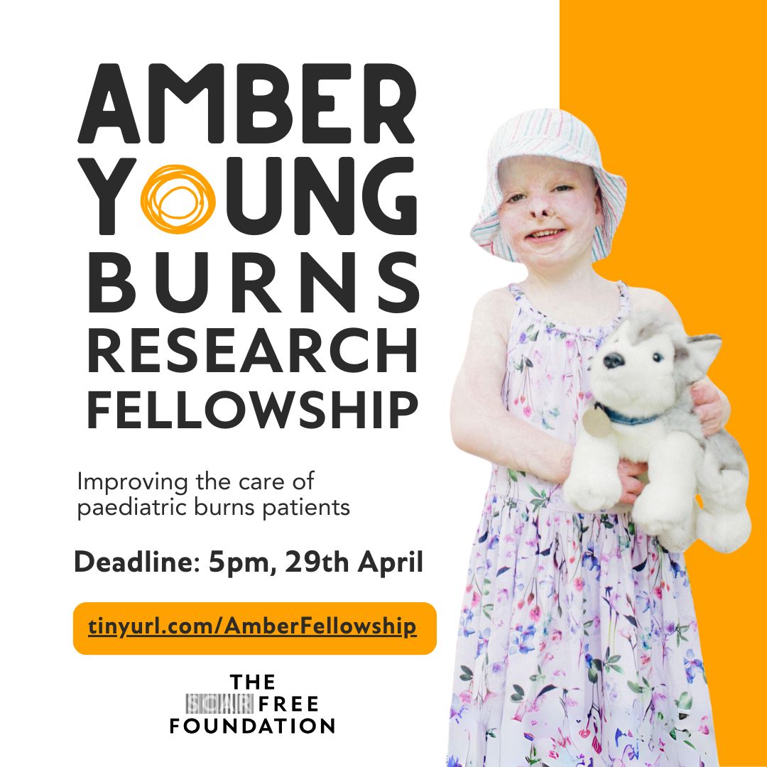 Just a month left to apply for our Amber Young Burns Research Fellowship! ⏰ One Fellowship of £20,000 is available this year, for research aimed at improving care for paediatric burns patients 🔬 Interested? Find out more on our website: tinyurl.com/AmberFellowship