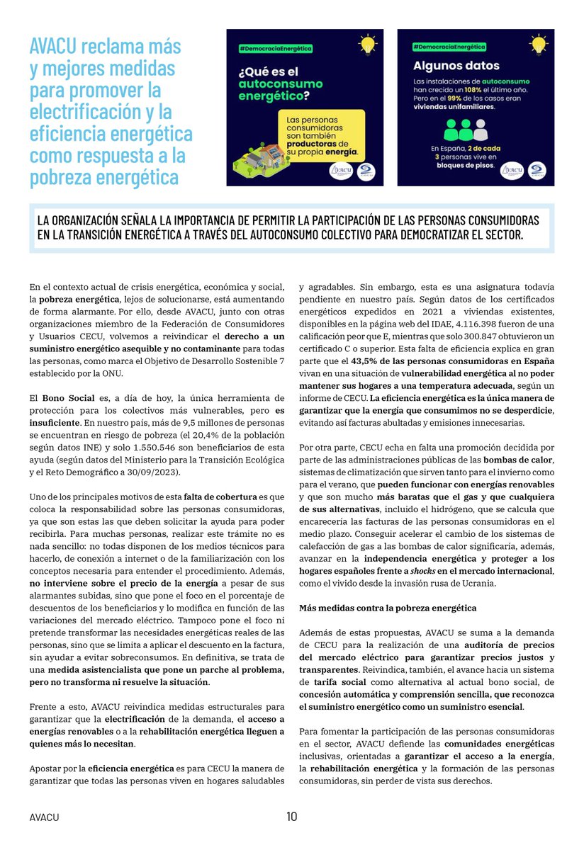 AVACUconsumo's tweet photo. En el último número de nuestra revista #TodoConsumo, desde #AVACU, junto con la Federación @CECUconsumo , reclamamos el derecho a un suministro energético asequible y no contaminante para todas las personas 👉 https://t.co/NrJpBLg661
#eficienciaenergética #DemocraciaEnergética https://t.co/P0TvBszChG
