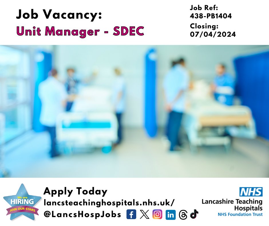 Job Vacancy: Unit Manager - SDEC @LancsHospitals ⏰Closes: 07/04/2024 Read more and apply: lancsteachinghospitals.nhs.uk/join-our-workf… #NHS #NHSjobs #lancashire #LancashireJobs #SDEC #Acute #emergency #Preston