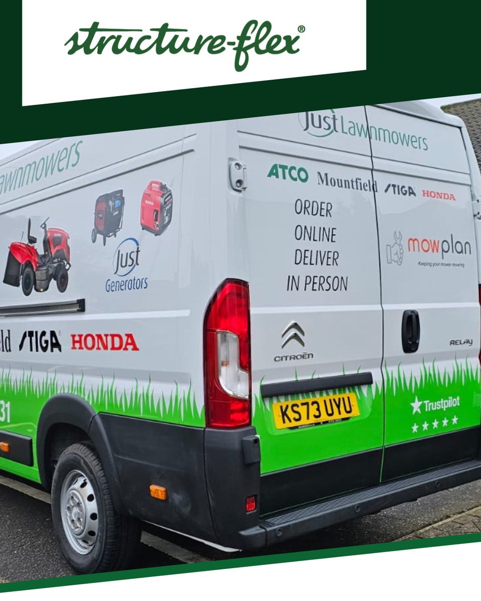 Structure_flex's tweet image. We're thrilled to have completed a new vehicle wrap for Just Lawnmowers! 

If you’re looking to create a design or update your existing one, we've got you covered. 

Get in touch today to find out how we can help your brand travel in style: structure-flex.co.uk/digital-print/… 

#DigitalPrint