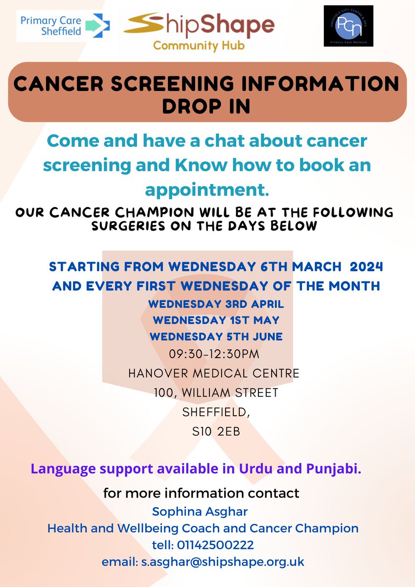 REMINDER! Tomorrow is our monthly #cancerscreening at Hanover Medical Centre in Broomhall. Come along and chat with our Cancer Champion Sophina about how to access essential health screenings. #cancerawareness #community