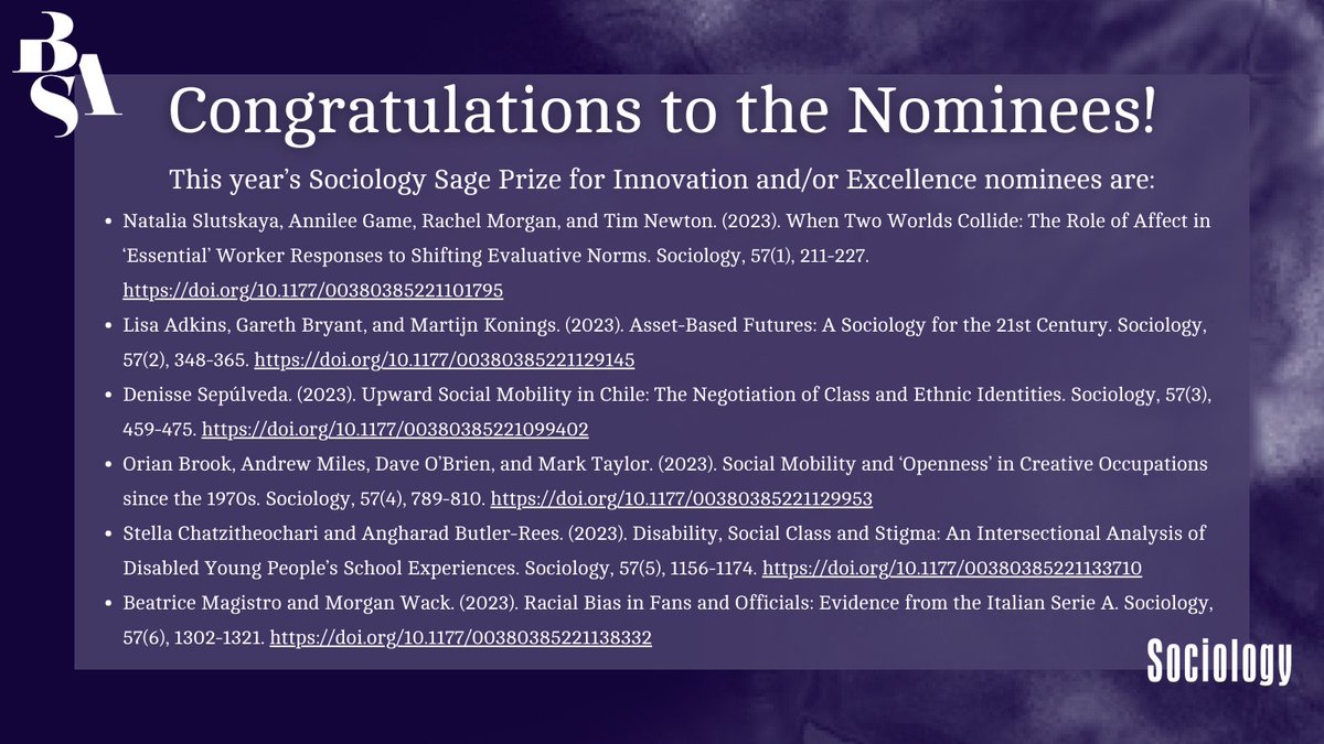 We will be announcing the Sage Prize winner on Friday! Ahead of the announcement, another huge round of congratulations to our nominees! You can read their papers and more information on the process below. britsoc.co.uk/opportunities/…