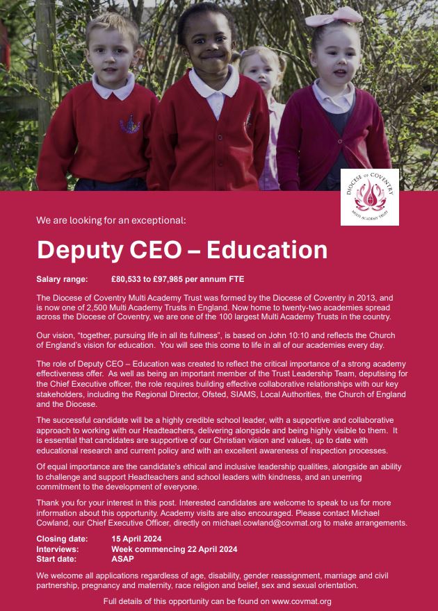 There's still time to apply to become our next Deputy CEO - Education. This is an opportunity to make a real difference to the future of more than 5,000 children, almost 1,000 colleagues, and to the entire organisation. What an amazing job!
