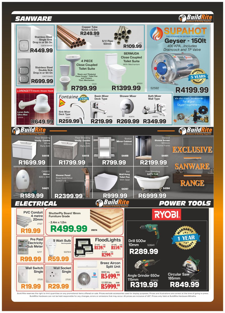 BuildriteH's tweet photo. Mthatha Autumn Sale is Here!... Build Rite Hardwareπ Another chance to enjoy Big Savings, The best stock at the best prices, With us its Low Prices High Qualityπ
#Mthatha #umtata #kwazulunatal #buildrite #buildritehardware #hardware #hardwarestore #affordable #dream https://t.co/2a0jMPHsAd