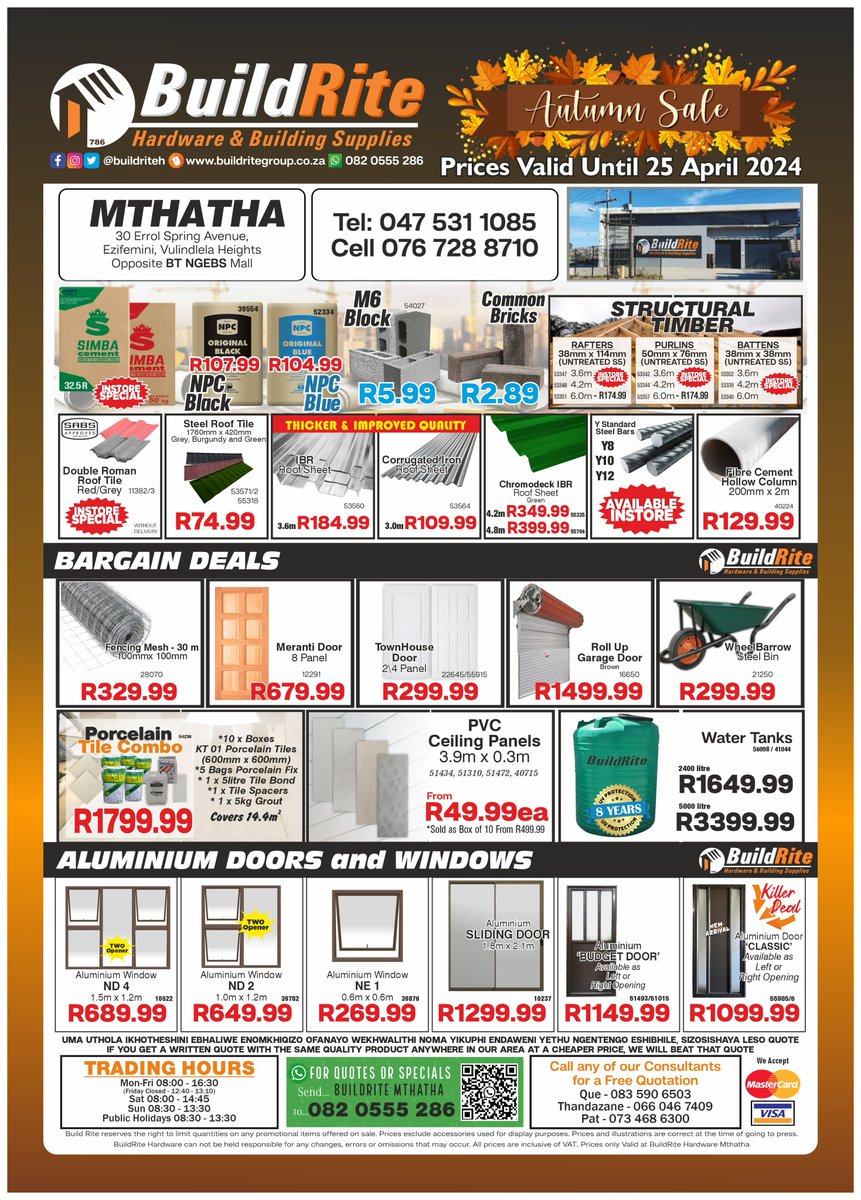 BuildriteH's tweet photo. Mthatha Autumn Sale is Here!... Build Rite Hardwareπ Another chance to enjoy Big Savings, The best stock at the best prices, With us its Low Prices High Qualityπ
#Mthatha #umtata #kwazulunatal #buildrite #buildritehardware #hardware #hardwarestore #affordable #dream https://t.co/2a0jMPHsAd