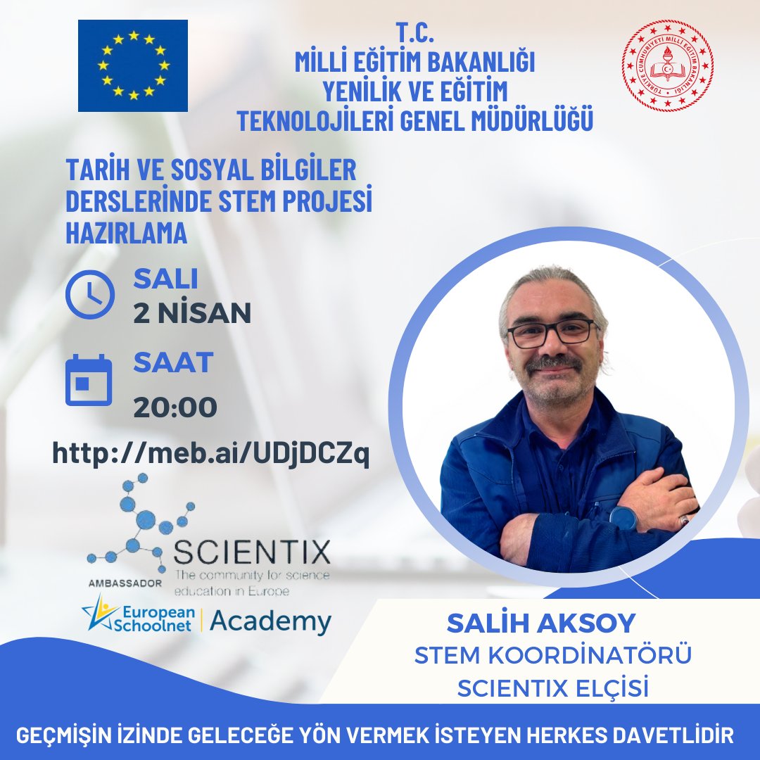Yozgat İl MEM KodluYOZ Projesi (@kodluyoz) on Twitter photo Tarih ve Sosyal Bilgiler Derslerinde STEM Projesi Hazırlama webinarına davtelisiniz. Sitem etme STEM'le 2 Nisan 2024 Salı günü (bugün) saat 20:00'de meb.ai/UDjDCZq
<a href="/mebyegitek/">Yenilik ve Eğitim Teknolojileri Genel Müdürlüğü</a> <a href="/scientix_eu/">Scientix</a> @ScientixTurkey <a href="/YozgatValiligi/">T.C. Yozgat Valiliği</a> <a href="/yozgatilmem/">Yozgat Milli Eğitim Müdürlüğü</a> Tarih ve Sosyal Bilgiler Derslerinde STEM Projesi Hazırlama webinarına davtelisiniz. Sitem etme STEM'le 2 Nisan 2024 Salı günü (bugün) saat 20:00'de meb.ai/UDjDCZq
<a href="/mebyegitek/">Yenilik ve Eğitim Teknolojileri Genel Müdürlüğü</a> <a href="/scientix_eu/">Scientix</a> @ScientixTurkey <a href="/YozgatValiligi/">T.C. Yozgat Valiliği</a> <a href="/yozgatilmem/">Yozgat Milli Eğitim Müdürlüğü</a>