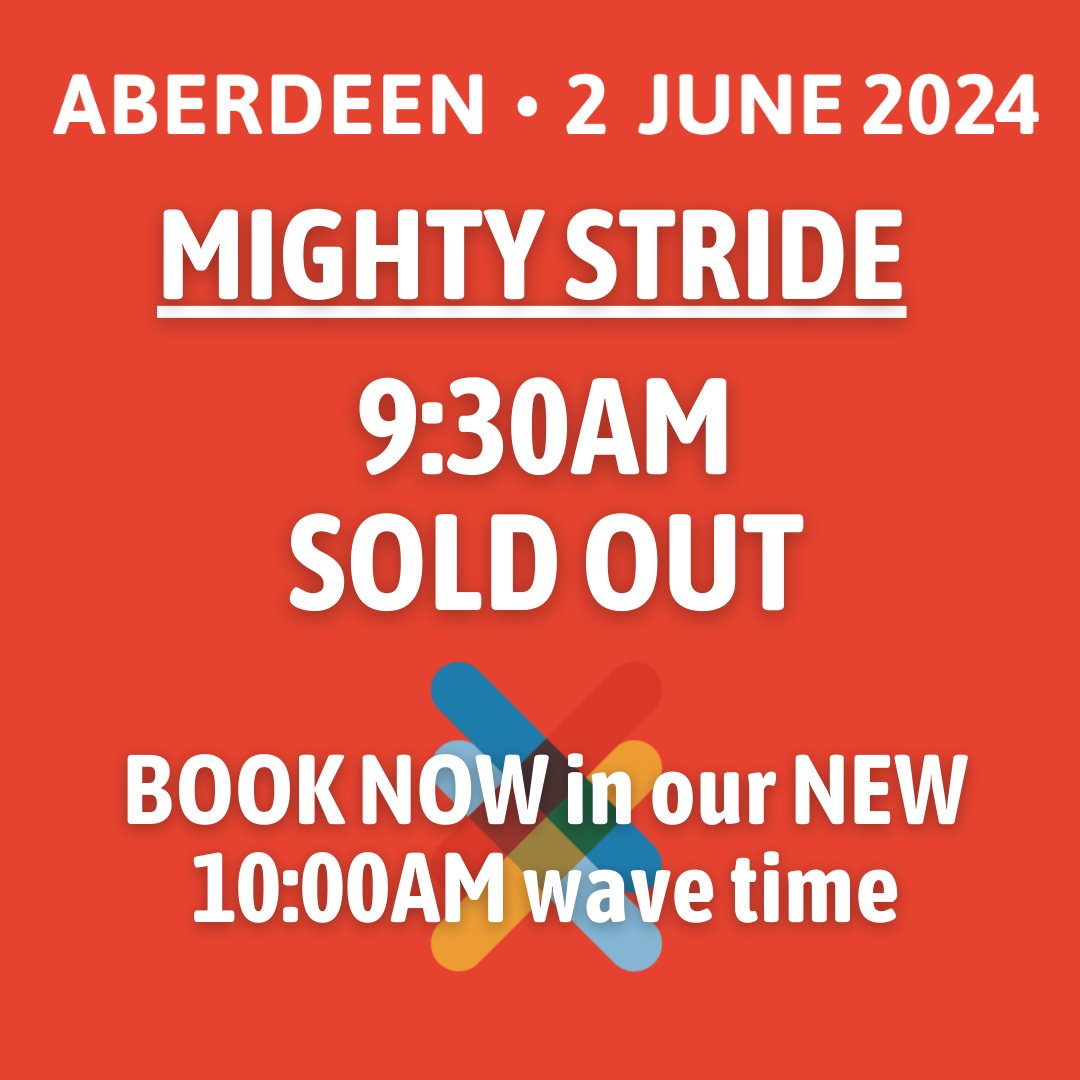 🚨 ABERDEEN MIGHTY STRIDE 9:30AM START at Duthie Park is now at capacity! Due to high demand, we have now added a NEW 10:00AM wave time. Help change lives with every step on June 2! Book now 👉bit.ly/Aberdeen2024