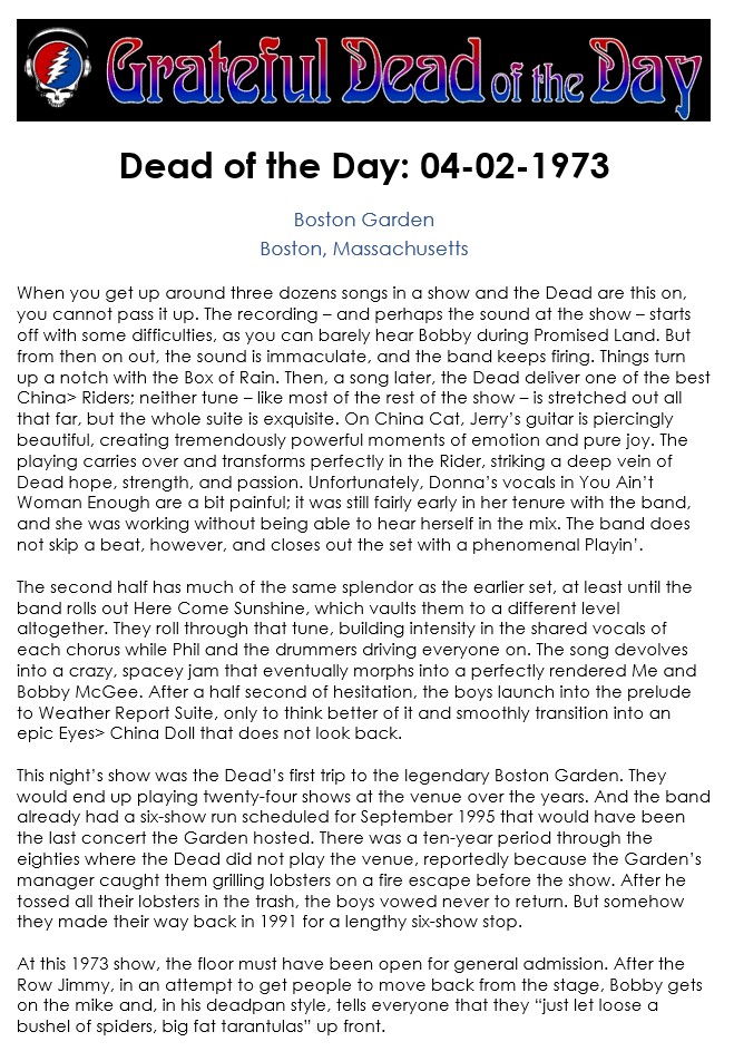 #UpNext on GDRADIO.NET
(at around 3:00pm eastern / 12:00pm pacific)
★ 1973-04-02 at the Boston Garden in Boston, MA ★
#OTD #DeadOTD #DeadHeads #GratefulDead #gratefuldeadmusic
(content courtesy of gratefuldeadoftheday.com)