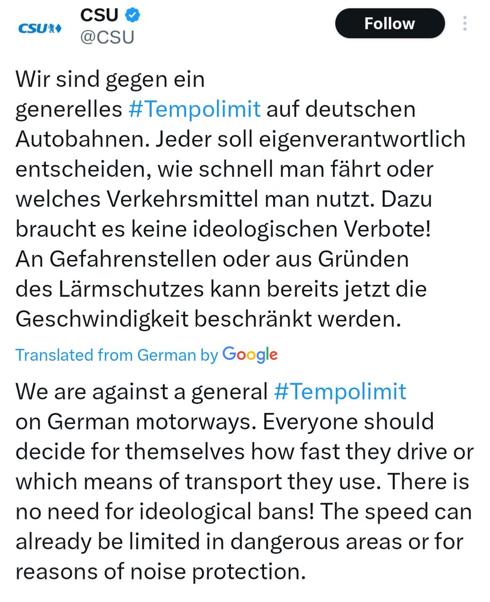 Left: Bavarian Conservatives, 2 weeks ago boasting about 'banning' gender language Right: Bavarian Conservatives, just now, defining motorway speed limits (which every country other than Germany has) as an 'ideological ban'