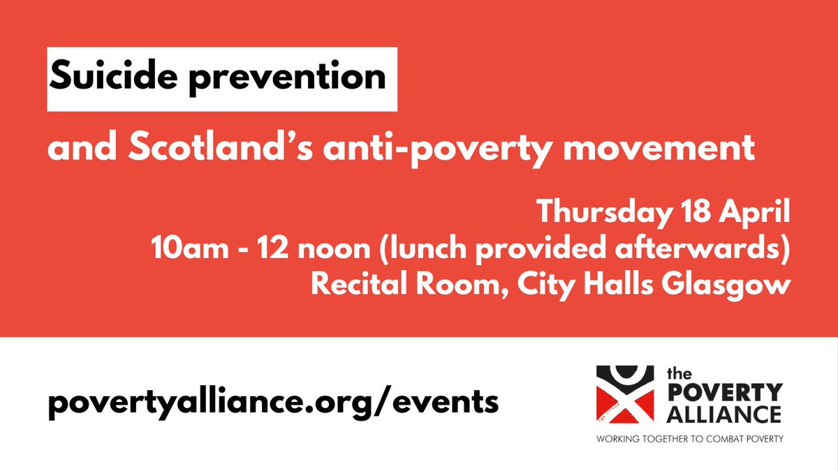It is a stark injustice that people who live on low incomes in Scotland are more likely to take their own lives. This seminar will help third sector groups think about how they could contribute towards suicide prevention. 👇Register here! eventbrite.co.uk/e/suicide-prev…