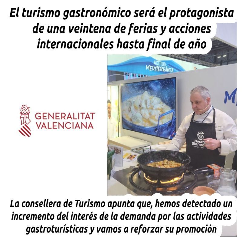 EL TURISMO GASTRONÓMICO SERÁ EL PROTAGONISTA DE UNA VEINTENA DE FERIAS Y ACCIONES INTERNACIONALES HASTA FINAL DE AÑO

hosteleriaenvalencia.com/noticias.asp?i…

@generalitat #TurismoGastronomico #LExquisitMediterrani #ComunitatValenciana #Gastronomia #FeriasInternacionales #HosteleriaEnValencia