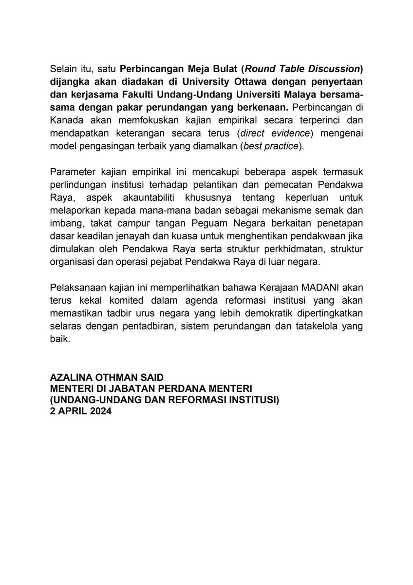 Kenyataan Media YB Dato’ Sri Azalina Othman Said, Menteri di Jabatan Perdana Menteri (Undang-Undang dan Reformasi Institusi) berhubung pelaksanaan kajian empirikal pengasingan kuasa peguam negara dan pendakwa raya.

#YBAOS 
#KerajaanMADANI
#alamakparlimentakhabislagi