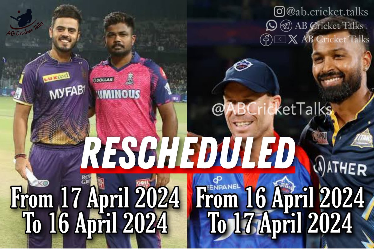 KKR vs RR and GT vs DC matches dates have been interchanged with each others

New Dates:
KKR vs RR: 16 April 2024
GT vs DC: 17 April
 #ABCricketTalks #CricketTalksWithArpit 

#IPL #KKRvsRR #GTvsDC #DCvsGT #RRvsKKR #IPLUpdate