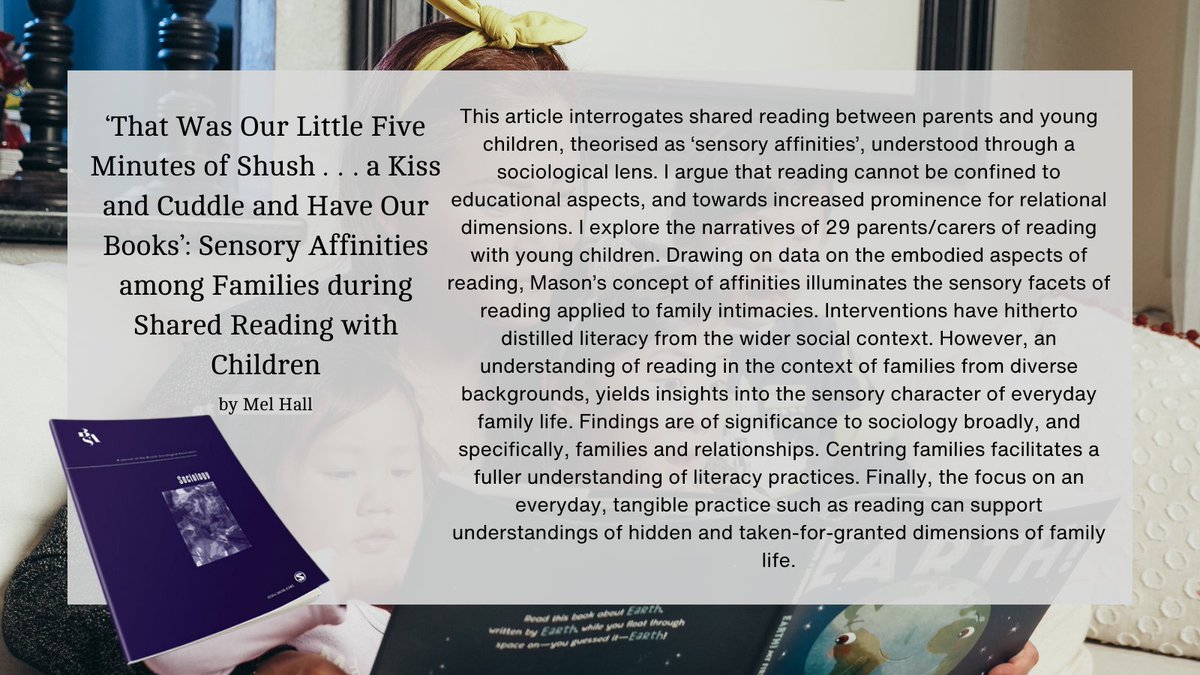 How does reading together impact familial bonds? Read Mel Hall’s analysis of how reading can be a practice of closeness that generates potent connections through its associated sensory dimensions. doi.org/10.1177/003803…