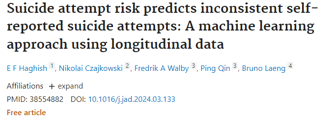 Kartleggingssystemet (@nssfkartlegging) on Twitter photo New article with <a href="/walby_a/">Fredrik A. Walby</a> on how suicide attempt risk predicts inconsistent self-reported suicide attempts.
Read full article: pubmed.ncbi.nlm.nih.gov/38554882/ New article with <a href="/walby_a/">Fredrik A. Walby</a> on how suicide attempt risk predicts inconsistent self-reported suicide attempts.
Read full article: pubmed.ncbi.nlm.nih.gov/38554882/