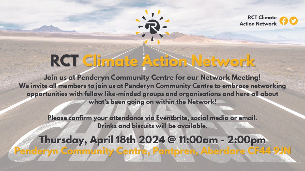 Please join us for our upcoming Network Meeting at Penderyn Community Centre on Thursday April 18th. There will be drinks and light refreshments available. Please register for your FREE ticket now on Eventrbite. eventbrite.com/e/rct-climate-…