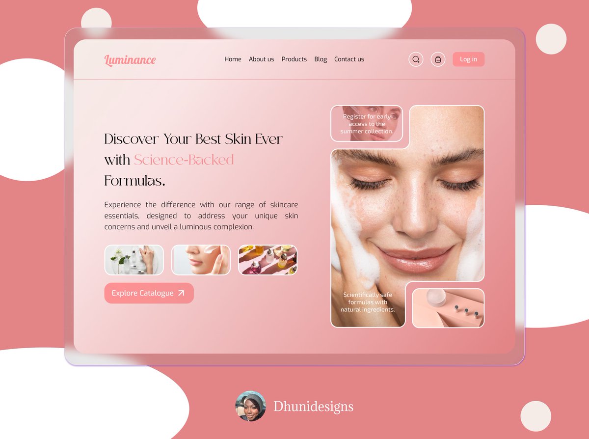 Exploration of a skincare brands hero section 
 
I am trying to fall in love with web  designs and I am enjoying the process 

#uidesign  #ui  #uiux  #design #DesignInspiration #designinpublic #buildinginpublic #herosection #skincare