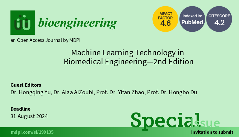 📢 The second edition of Special Issue 'Machine Learning Technology in Biomedical Engineering' is now open for submissions! 🔗 Access more details here: mdpi.com/journal/bioeng… 🎉 Welcome to join us as authors and reviewers! #MachineLearning #biomedical_engineering