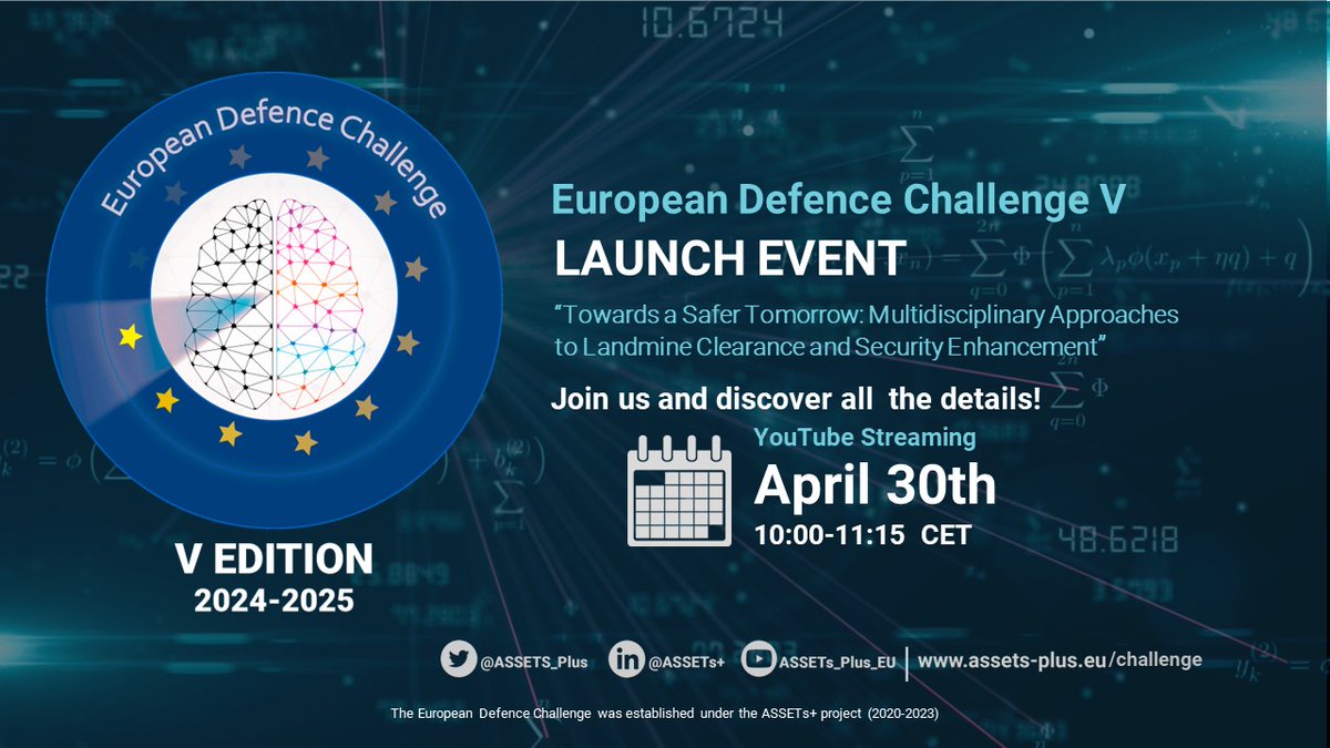 📢#EuropeanDefenceChallenge V Launch Event Join us and discover all the details of this edition! 🗓️April 30th, 10:00-11:15 CET ▶️YouTube streaming All the info here👉assets-plus.eu/challenge #EuropeanYearOfSkills @EU_Social #skills @defis_eu #EUDefenceIndustry