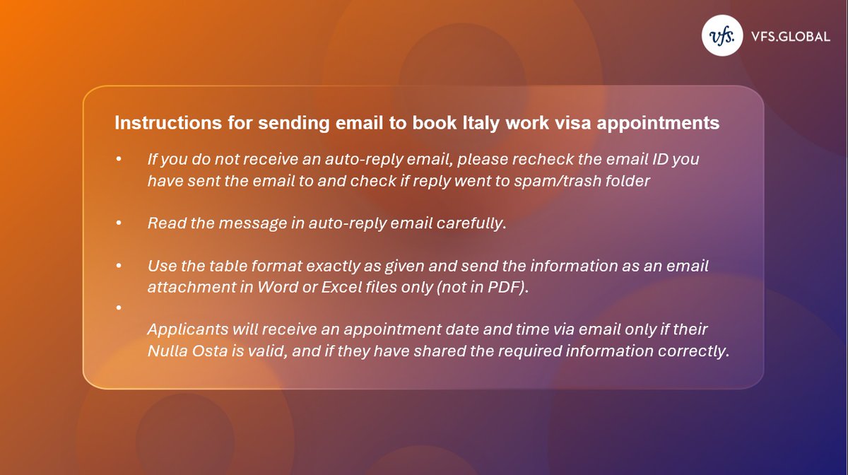 Attention Italy work visa applicants in Bangladesh! The process to book appointments for submitting your applications has changed. Italy work visa applicants now have to send an email to work.appointment@vfsglobal.com with their details to book an appointment for submitting